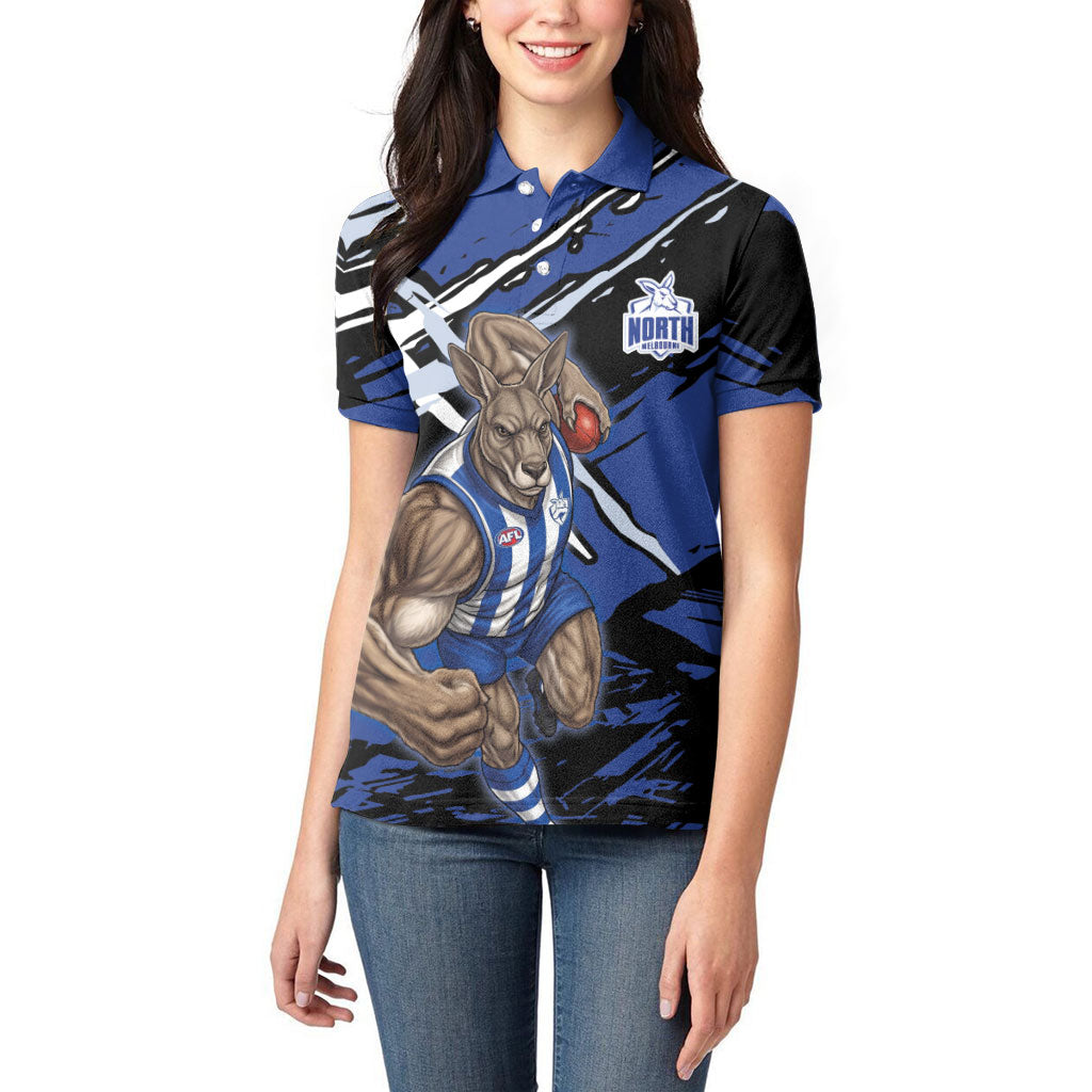 North Melbourne Football Club Women Polo Shirt Kangaroos Muscular Mascot Graphic - Abstract Paint Splatter Art