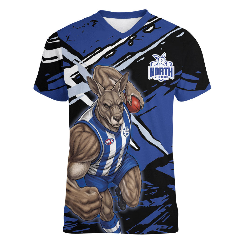 North Melbourne Football Club Women V-Neck T-Shirt Kangaroos Muscular Mascot Graphic - Abstract Paint Splatter Art