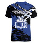 North Melbourne Football Club Women V-Neck T-Shirt Kangaroos Muscular Mascot Graphic - Abstract Paint Splatter Art