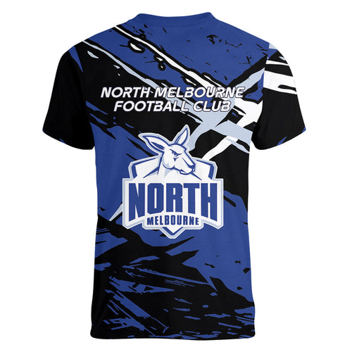 North Melbourne Football Club Women V-Neck T-Shirt Kangaroos Muscular Mascot Graphic - Abstract Paint Splatter Art
