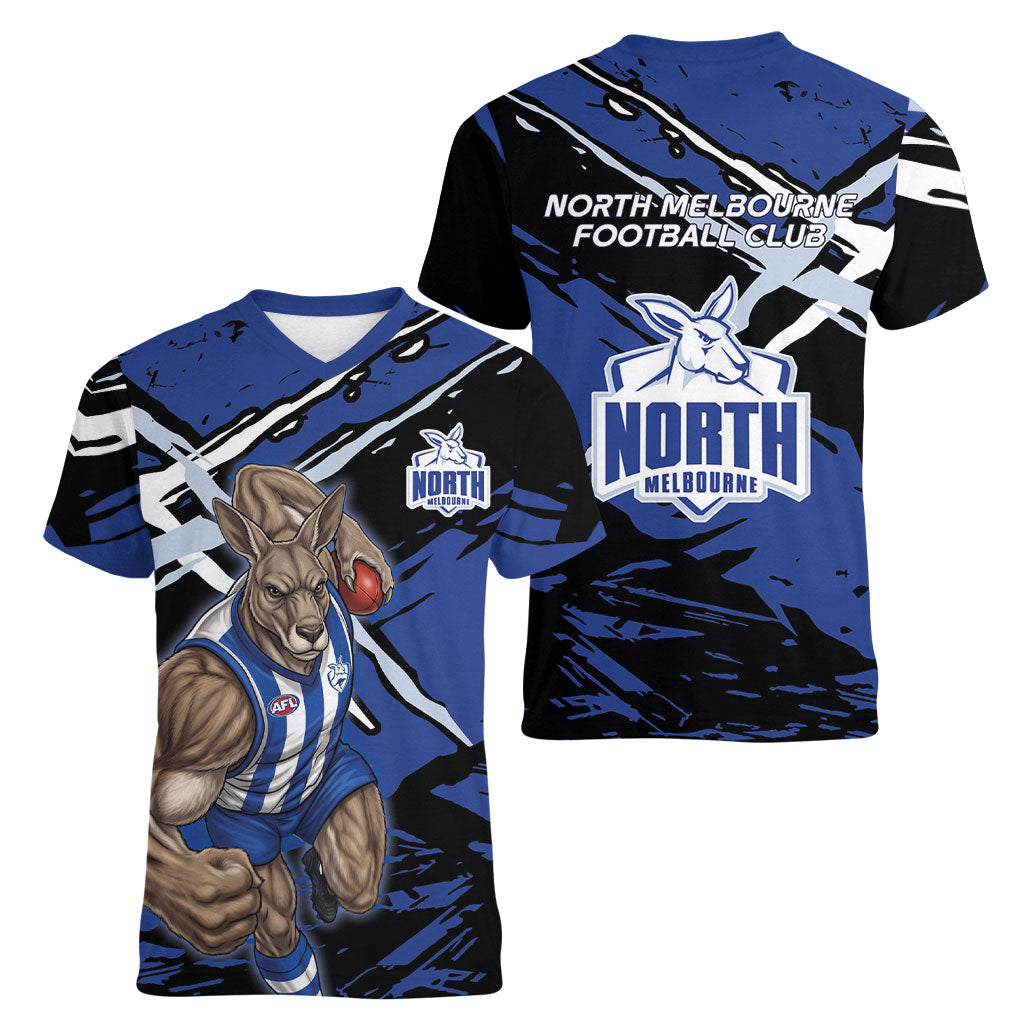 North Melbourne Football Club Women V-Neck T-Shirt Kangaroos Muscular Mascot Graphic - Abstract Paint Splatter Art