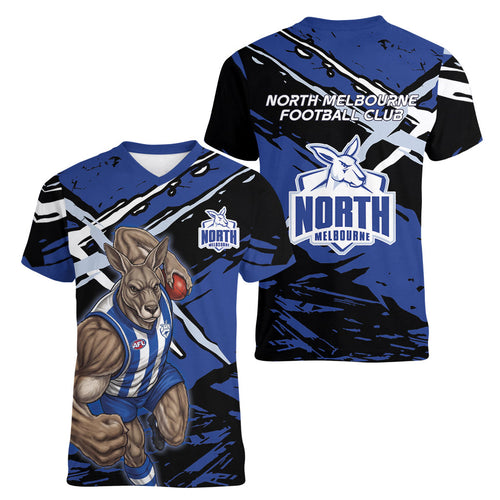 North Melbourne Football Club Women V-Neck T-Shirt Kangaroos Muscular Mascot Graphic - Abstract Paint Splatter Art