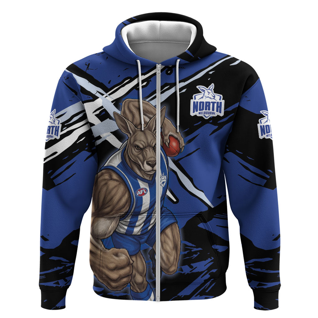 North Melbourne Football Club Zip Hoodie Kangaroos Muscular Mascot Graphic - Abstract Paint Splatter Art