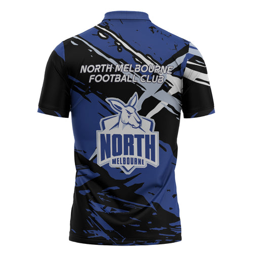 North Melbourne Football Club Zipper Polo Shirt Kangaroos Muscular Mascot Graphic - Abstract Paint Splatter Art