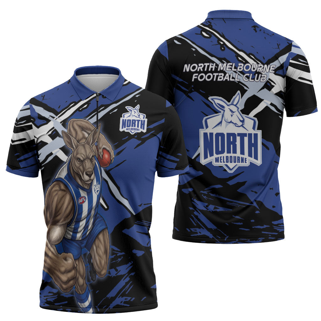 North Melbourne Football Club Zipper Polo Shirt Kangaroos Muscular Mascot Graphic - Abstract Paint Splatter Art