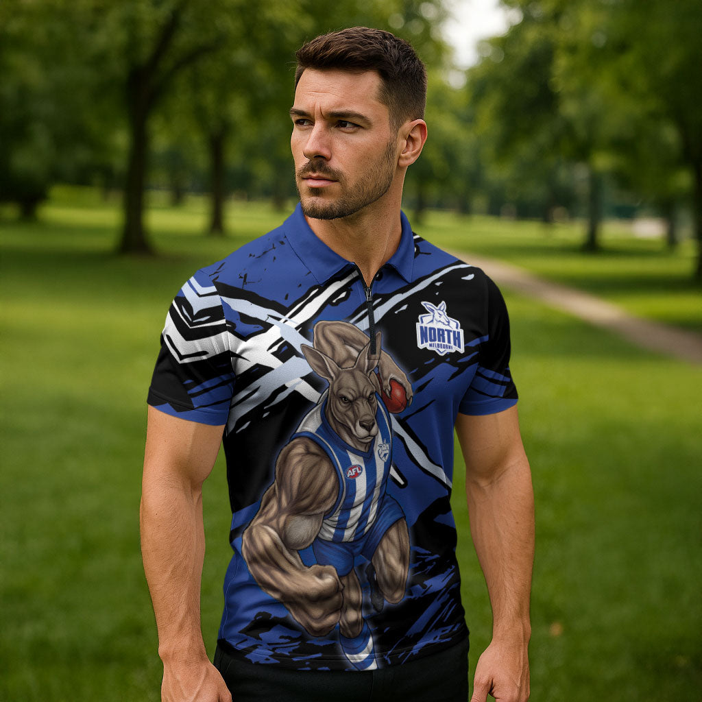 North Melbourne Football Club Zipper Polo Shirt Kangaroos Muscular Mascot Graphic - Abstract Paint Splatter Art