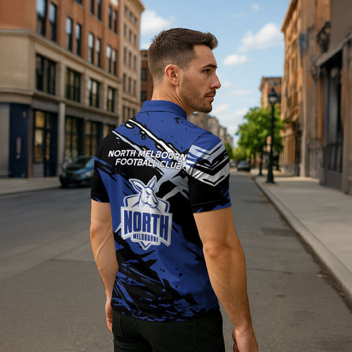 North Melbourne Football Club Zipper Polo Shirt Kangaroos Muscular Mascot Graphic - Abstract Paint Splatter Art