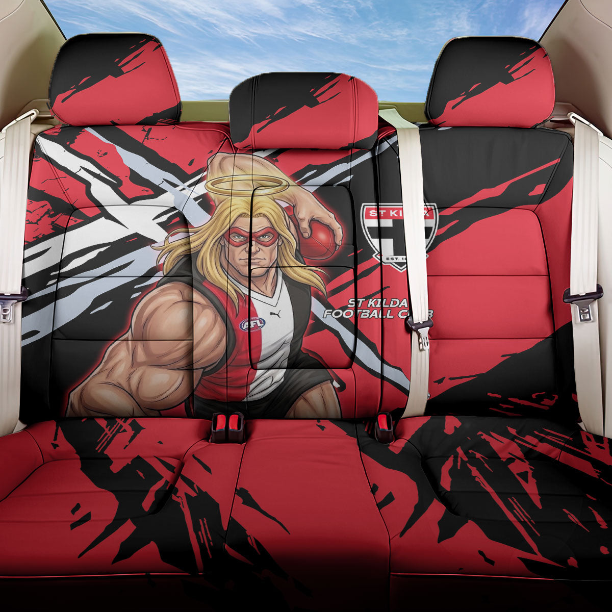 St Kilda Football Club Back Car Seat Cover Saints Muscular Mascot Graphic - Abstract Paint Splatter Art