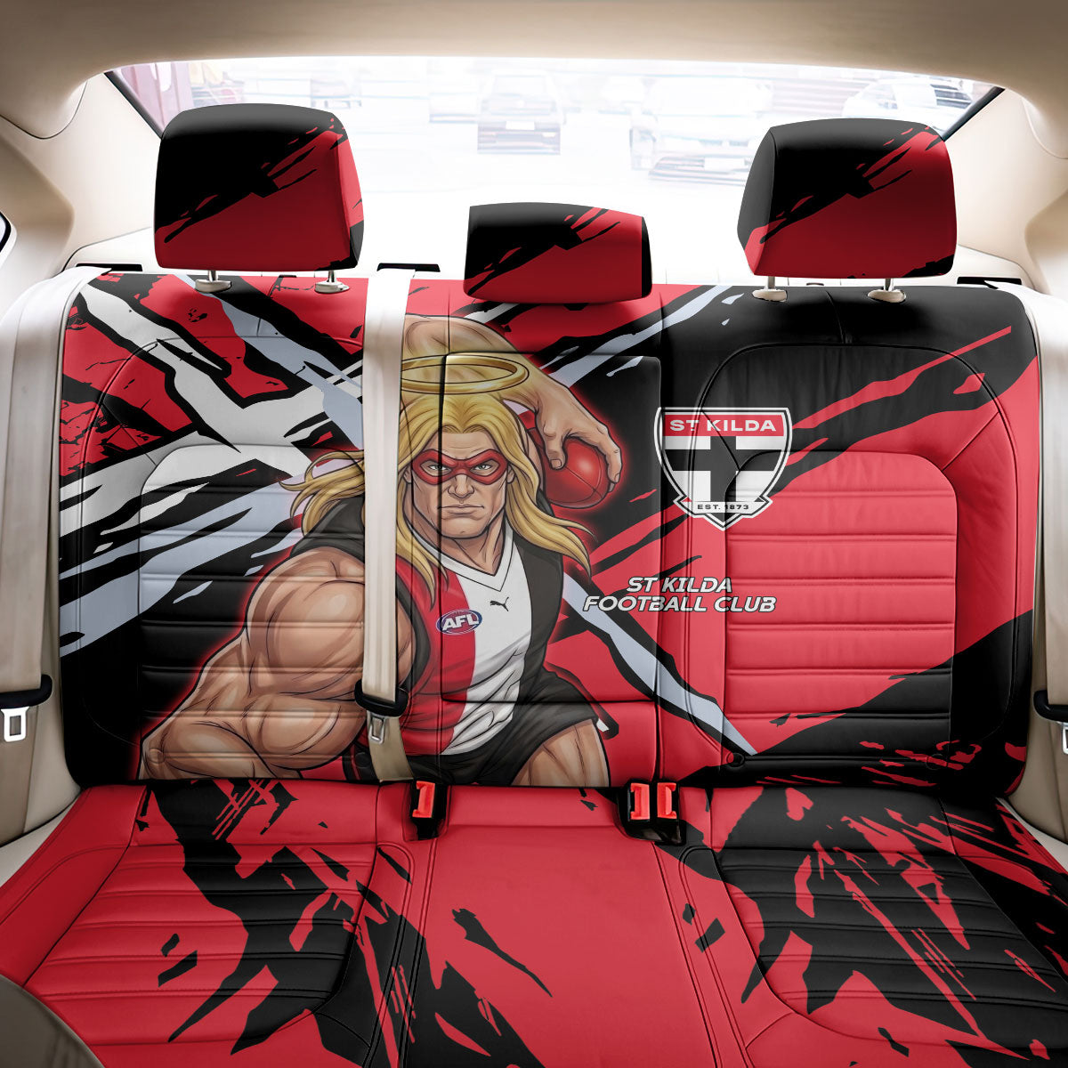 St Kilda Football Club Back Car Seat Cover Saints Muscular Mascot Graphic - Abstract Paint Splatter Art