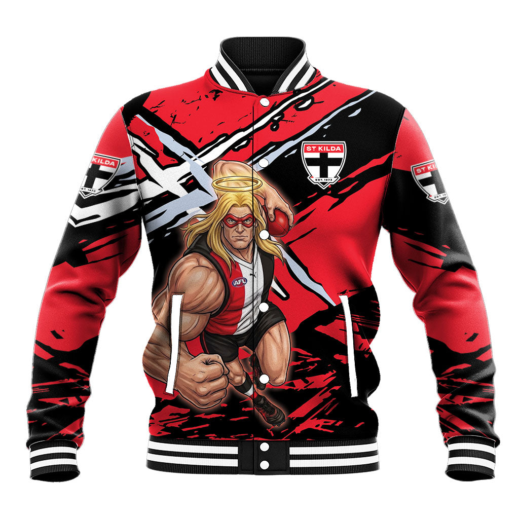 St Kilda Football Club Baseball Jacket Saints Muscular Mascot Graphic - Abstract Paint Splatter Art