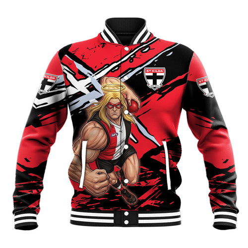 St Kilda Football Club Baseball Jacket Saints Muscular Mascot Graphic - Abstract Paint Splatter Art