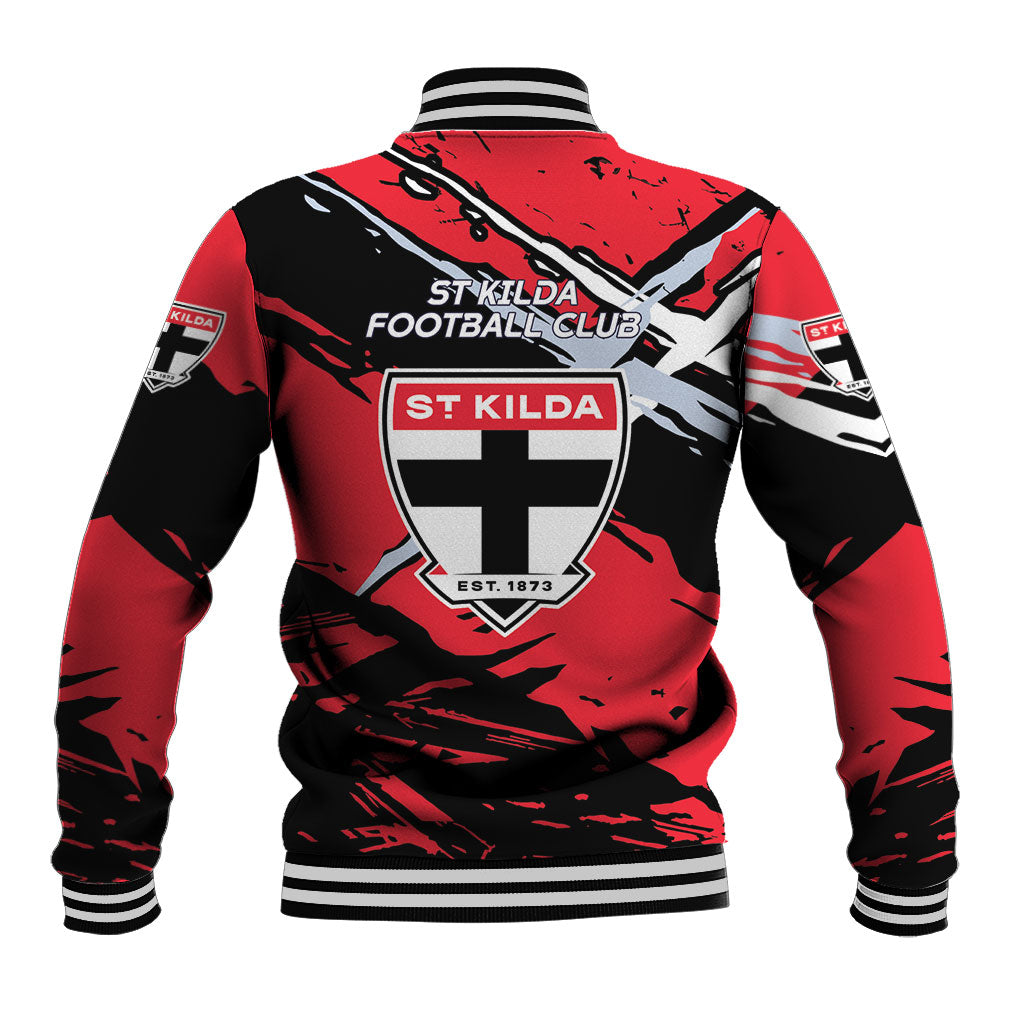 St Kilda Football Club Baseball Jacket Saints Muscular Mascot Graphic - Abstract Paint Splatter Art