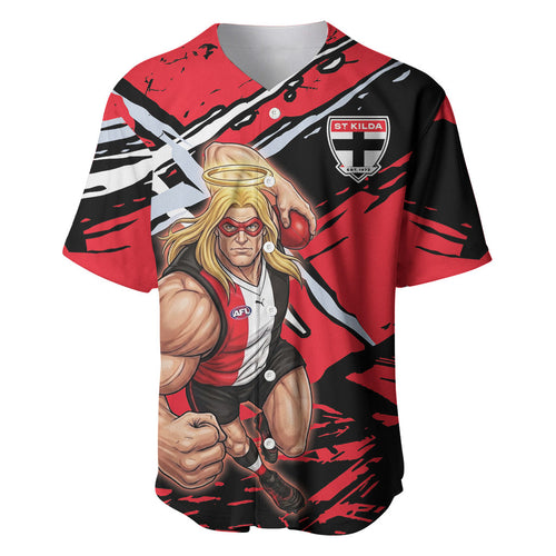 St Kilda Football Club Baseball Jersey Saints Muscular Mascot Graphic - Abstract Paint Splatter Art