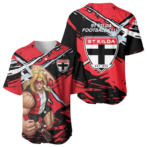 St Kilda Football Club Baseball Jersey Saints Muscular Mascot Graphic - Abstract Paint Splatter Art