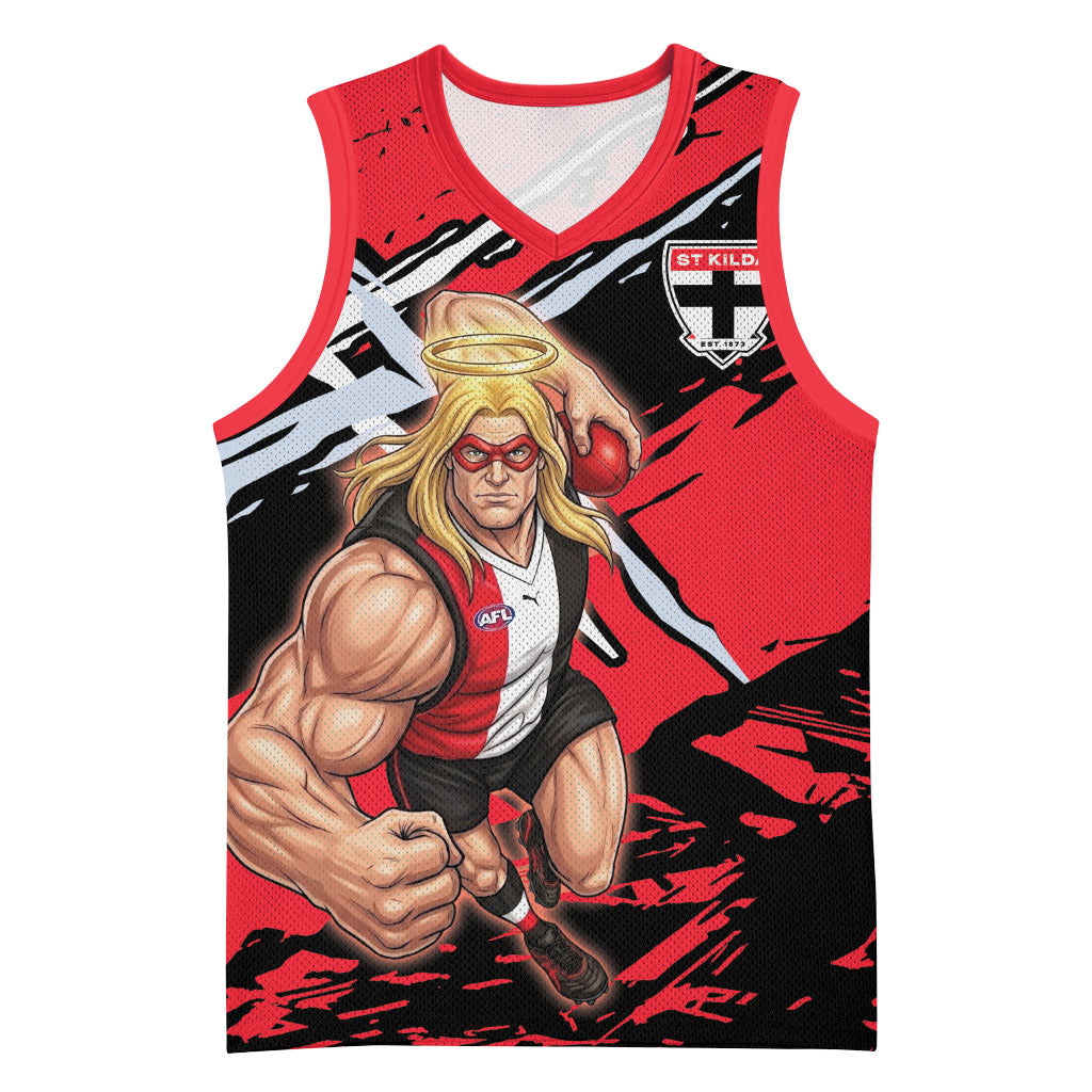 St Kilda Football Club Basketball Jersey Saints Muscular Mascot Graphic - Abstract Paint Splatter Art