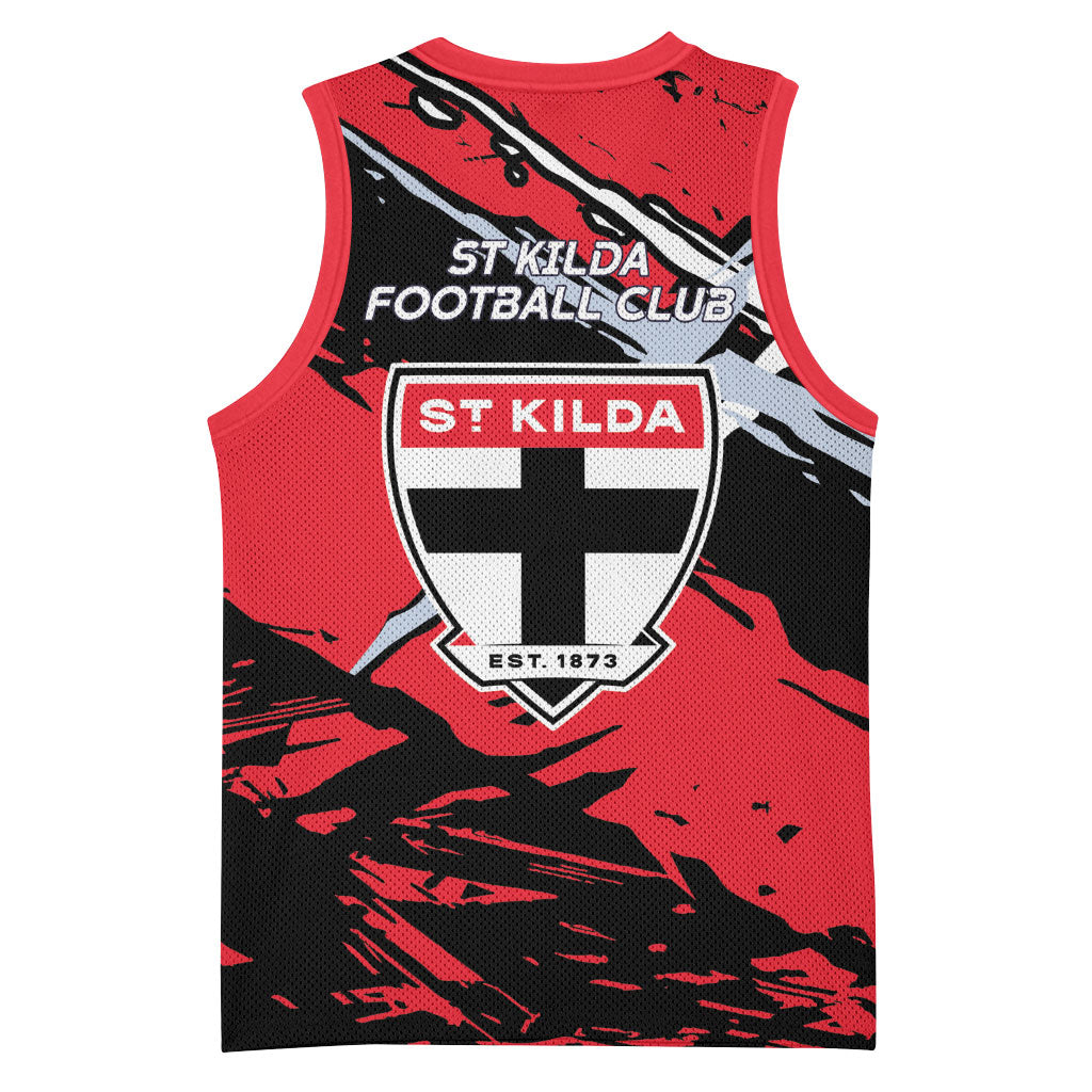 St Kilda Football Club Basketball Jersey Saints Muscular Mascot Graphic - Abstract Paint Splatter Art