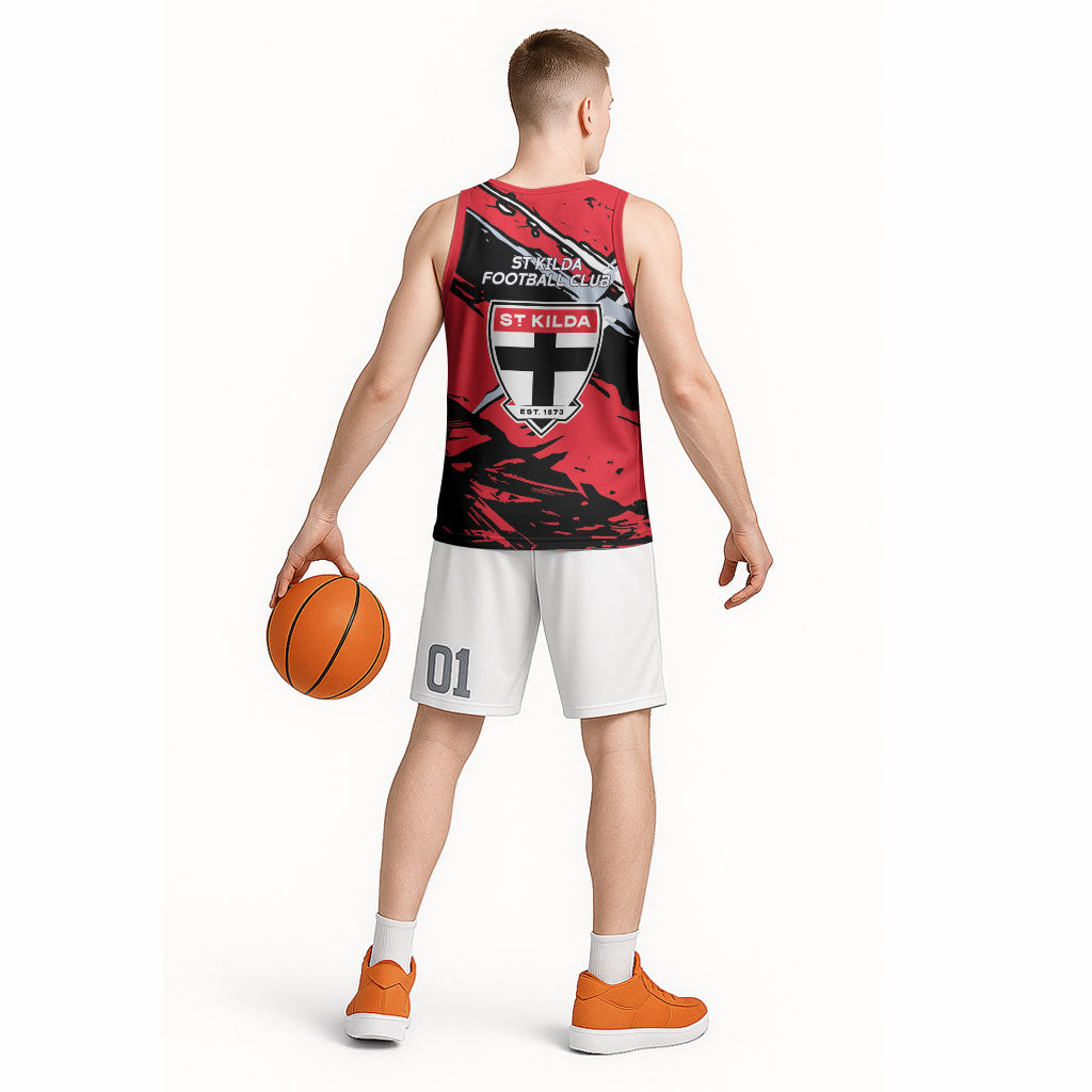 St Kilda Football Club Basketball Jersey Saints Muscular Mascot Graphic - Abstract Paint Splatter Art