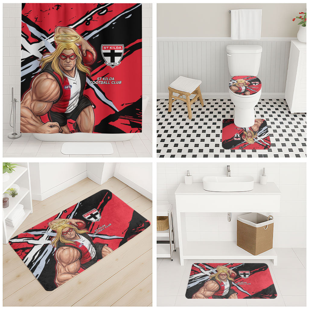 St Kilda Football Club Bathroom Set Saints Muscular Mascot Graphic - Abstract Paint Splatter Art