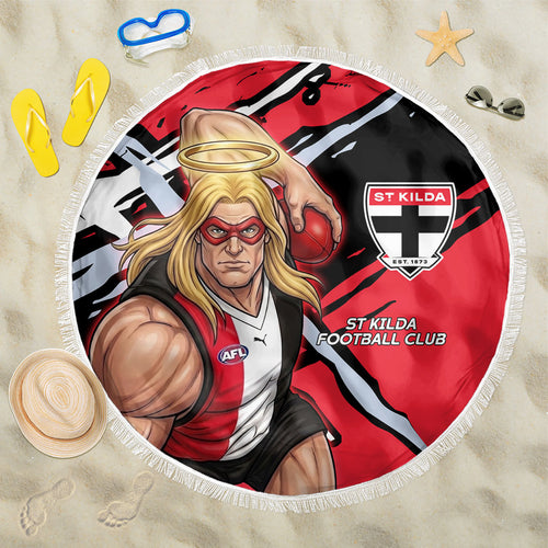 St Kilda Football Club Beach Blanket Saints Muscular Mascot Graphic - Abstract Paint Splatter Art