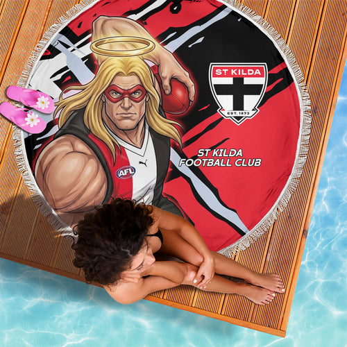St Kilda Football Club Beach Blanket Saints Muscular Mascot Graphic - Abstract Paint Splatter Art