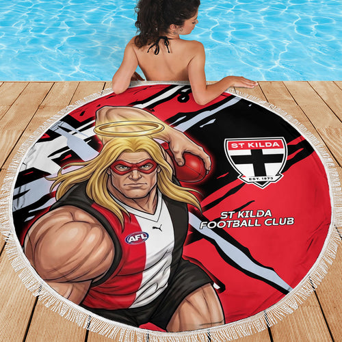 St Kilda Football Club Beach Blanket Saints Muscular Mascot Graphic - Abstract Paint Splatter Art