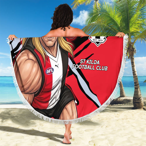 St Kilda Football Club Beach Blanket Saints Muscular Mascot Graphic - Abstract Paint Splatter Art
