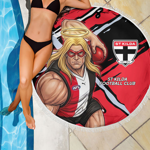 St Kilda Football Club Beach Blanket Saints Muscular Mascot Graphic - Abstract Paint Splatter Art