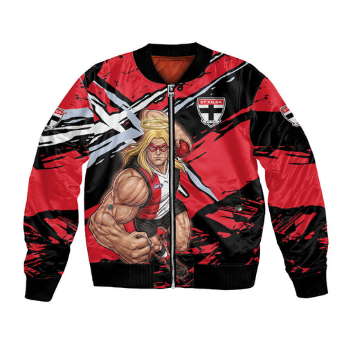St Kilda Football Club Bomber Jacket Saints Muscular Mascot Graphic - Abstract Paint Splatter Art