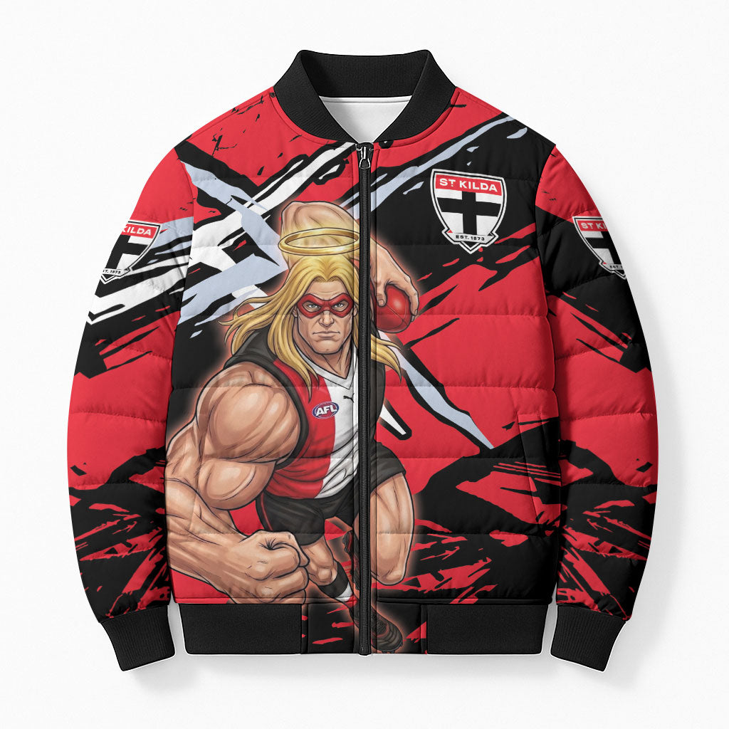 St Kilda Football Club Bomber Puffer Jacket Saints Muscular Mascot Graphic - Abstract Paint Splatter Art