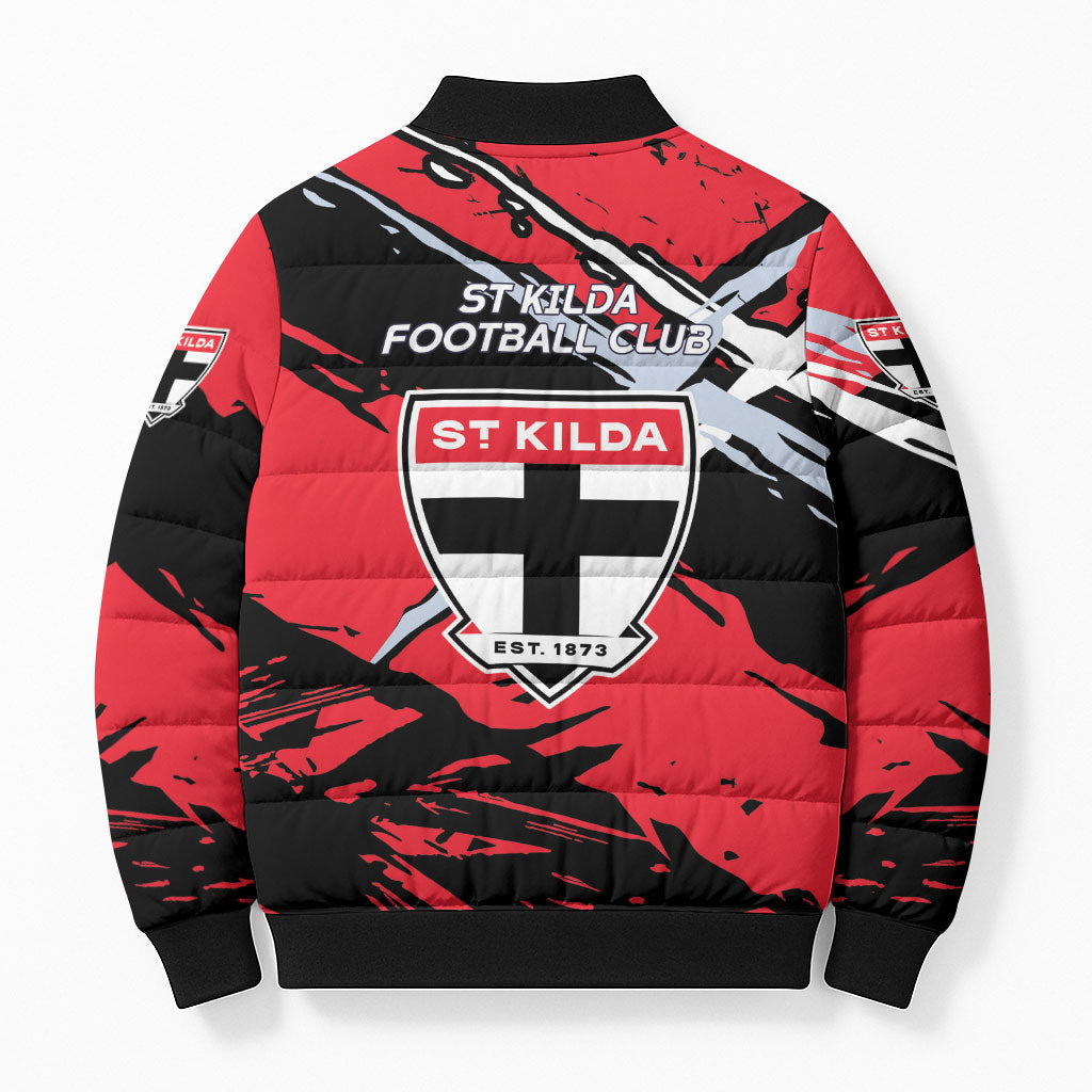 St Kilda Football Club Bomber Puffer Jacket Saints Muscular Mascot Graphic - Abstract Paint Splatter Art