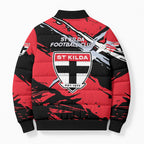 St Kilda Football Club Bomber Puffer Jacket Saints Muscular Mascot Graphic - Abstract Paint Splatter Art
