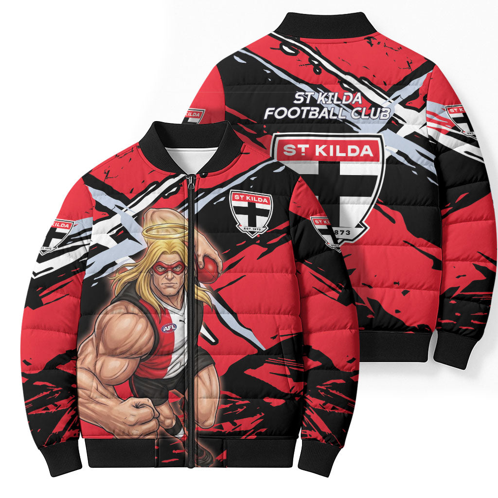St Kilda Football Club Bomber Puffer Jacket Saints Muscular Mascot Graphic - Abstract Paint Splatter Art