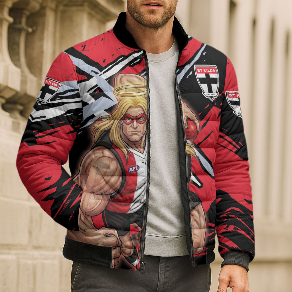 St Kilda Football Club Bomber Puffer Jacket Saints Muscular Mascot Graphic - Abstract Paint Splatter Art