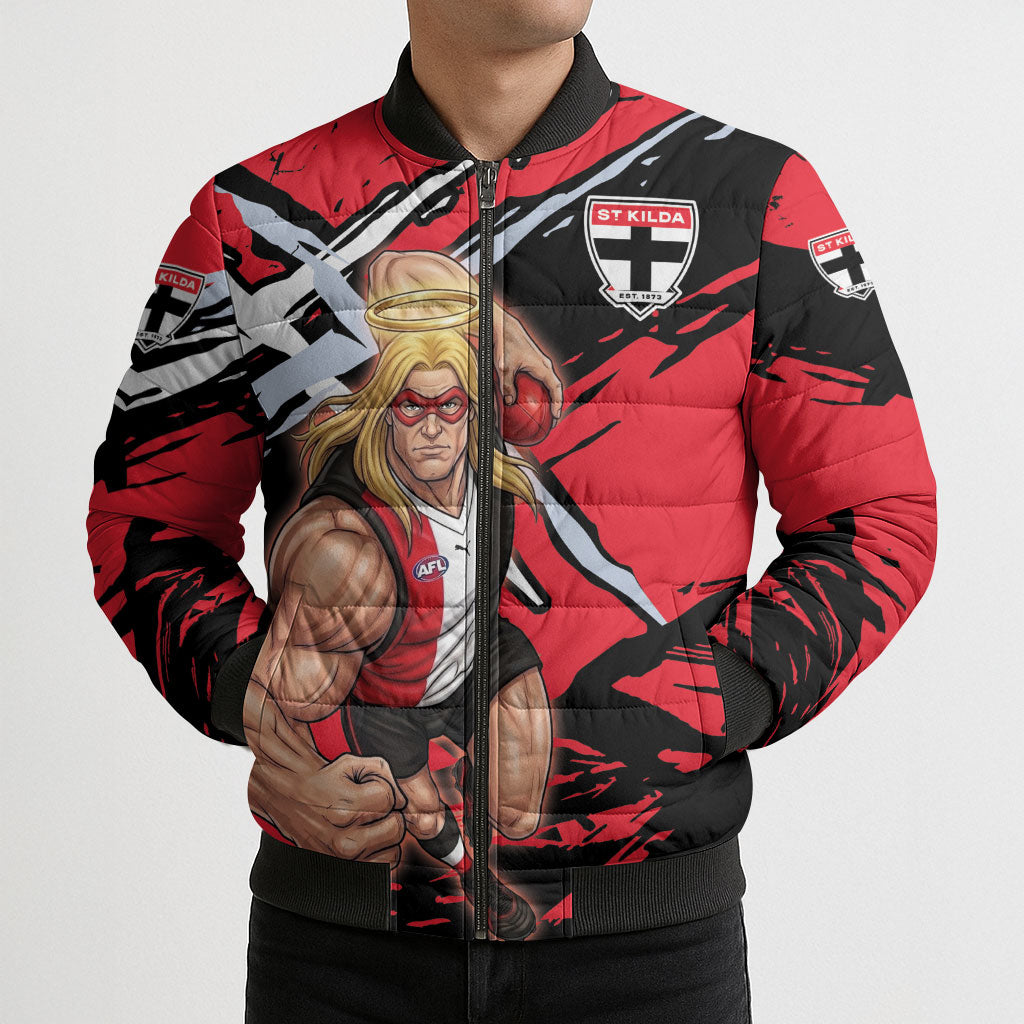 St Kilda Football Club Bomber Puffer Jacket Saints Muscular Mascot Graphic - Abstract Paint Splatter Art
