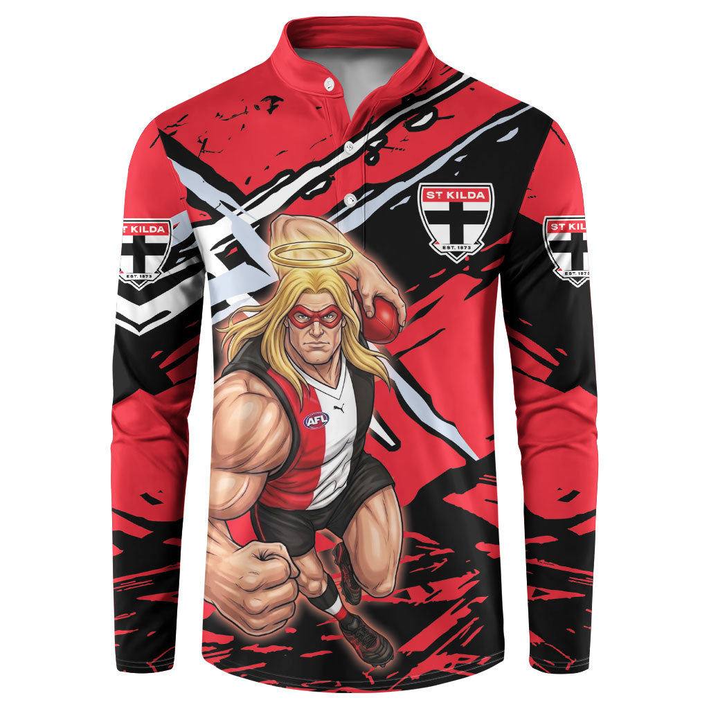 St Kilda Football Club Button Sweatshirt Saints Muscular Mascot Graphic - Abstract Paint Splatter Art