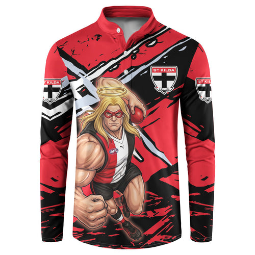 St Kilda Football Club Button Sweatshirt Saints Muscular Mascot Graphic - Abstract Paint Splatter Art