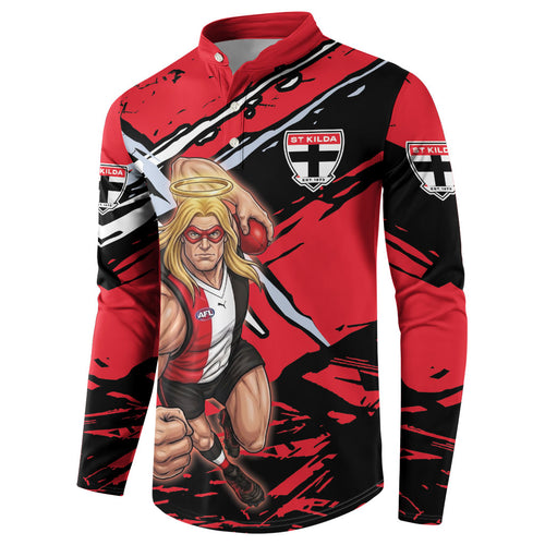 St Kilda Football Club Button Sweatshirt Saints Muscular Mascot Graphic - Abstract Paint Splatter Art