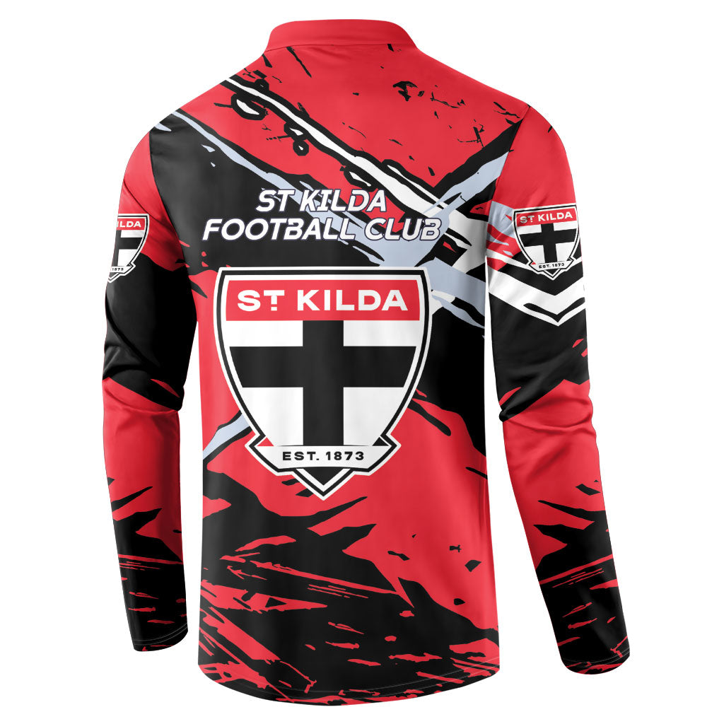 St Kilda Football Club Button Sweatshirt Saints Muscular Mascot Graphic - Abstract Paint Splatter Art