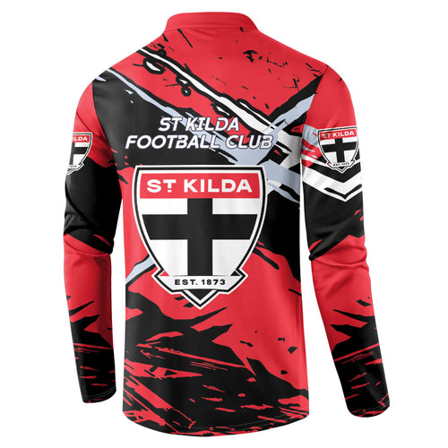 St Kilda Football Club Button Sweatshirt Saints Muscular Mascot Graphic - Abstract Paint Splatter Art