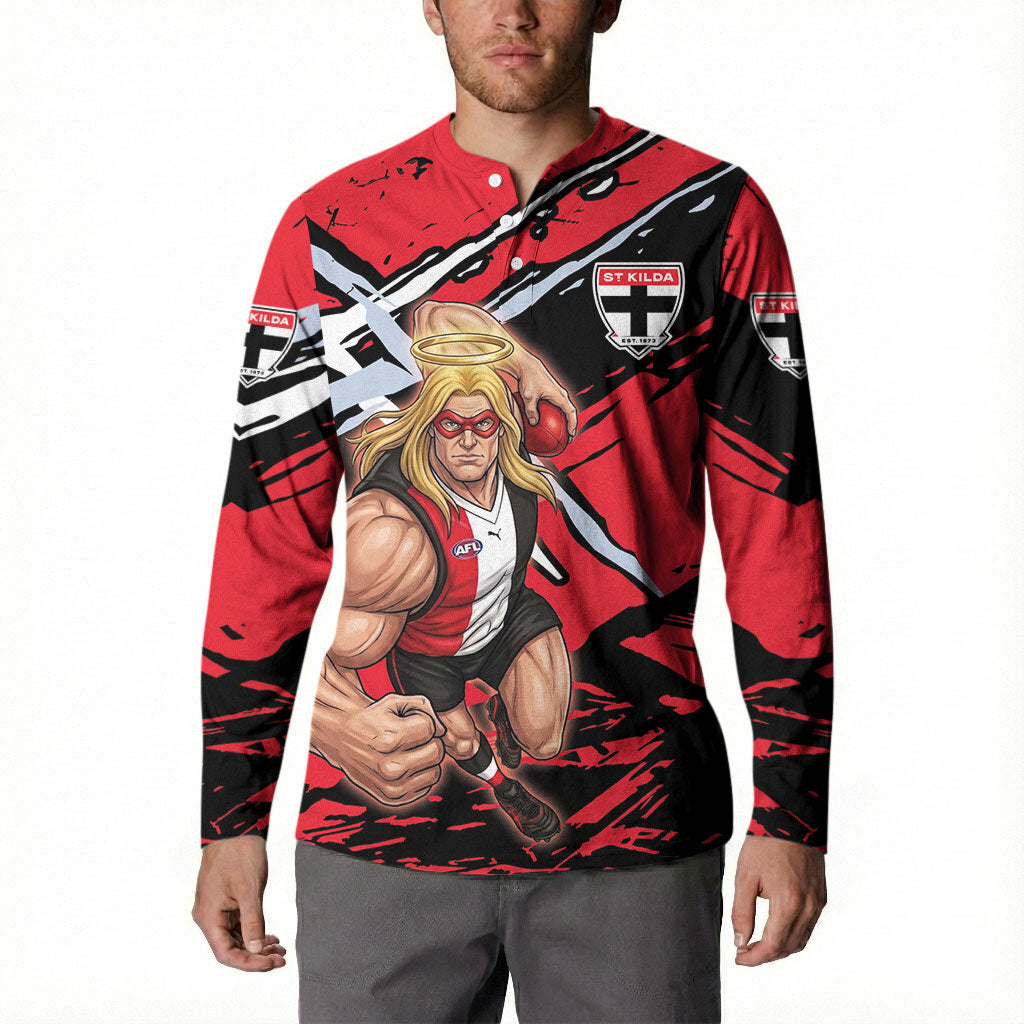 St Kilda Football Club Button Sweatshirt Saints Muscular Mascot Graphic - Abstract Paint Splatter Art