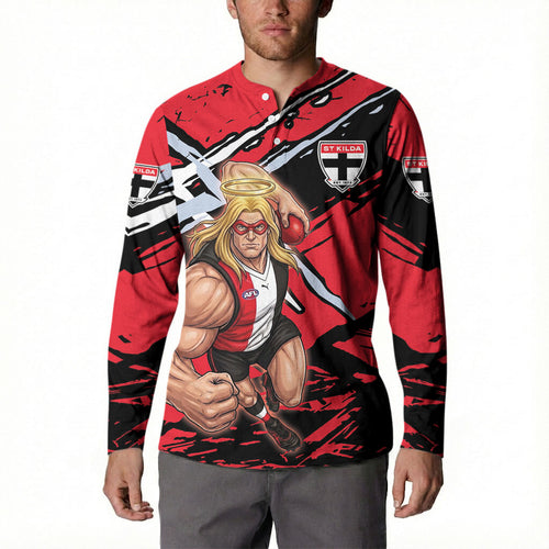 St Kilda Football Club Button Sweatshirt Saints Muscular Mascot Graphic - Abstract Paint Splatter Art