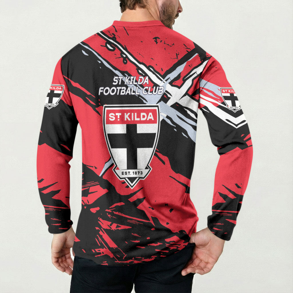 St Kilda Football Club Button Sweatshirt Saints Muscular Mascot Graphic - Abstract Paint Splatter Art