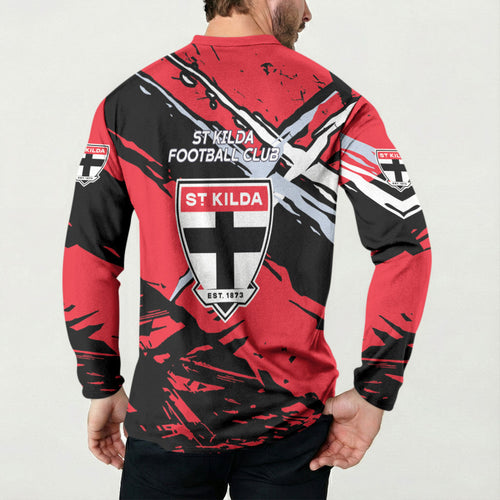 St Kilda Football Club Button Sweatshirt Saints Muscular Mascot Graphic - Abstract Paint Splatter Art