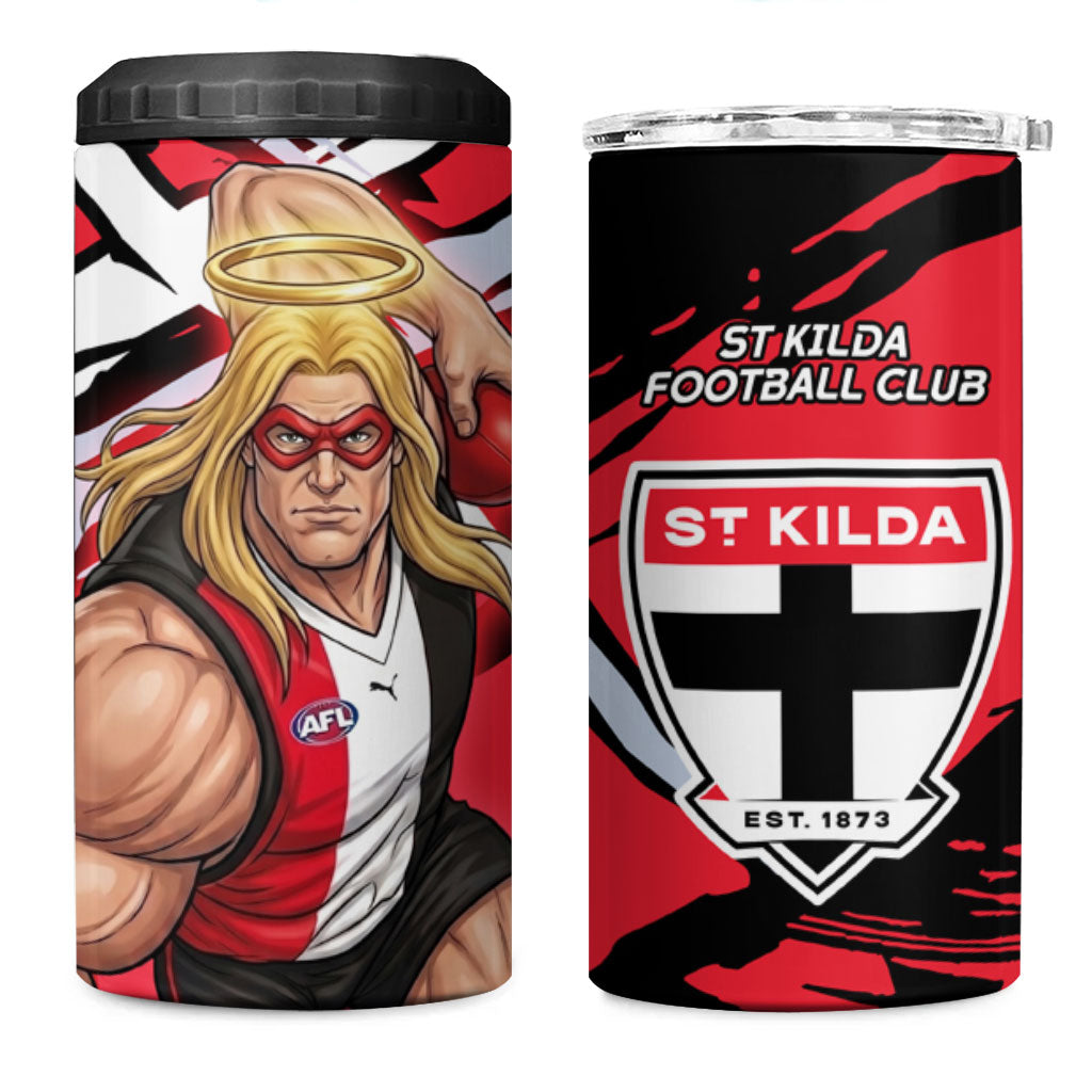 St Kilda Football Club 4 in 1 Can Cooler Tumbler Saints Muscular Mascot Graphic - Abstract Paint Splatter Art