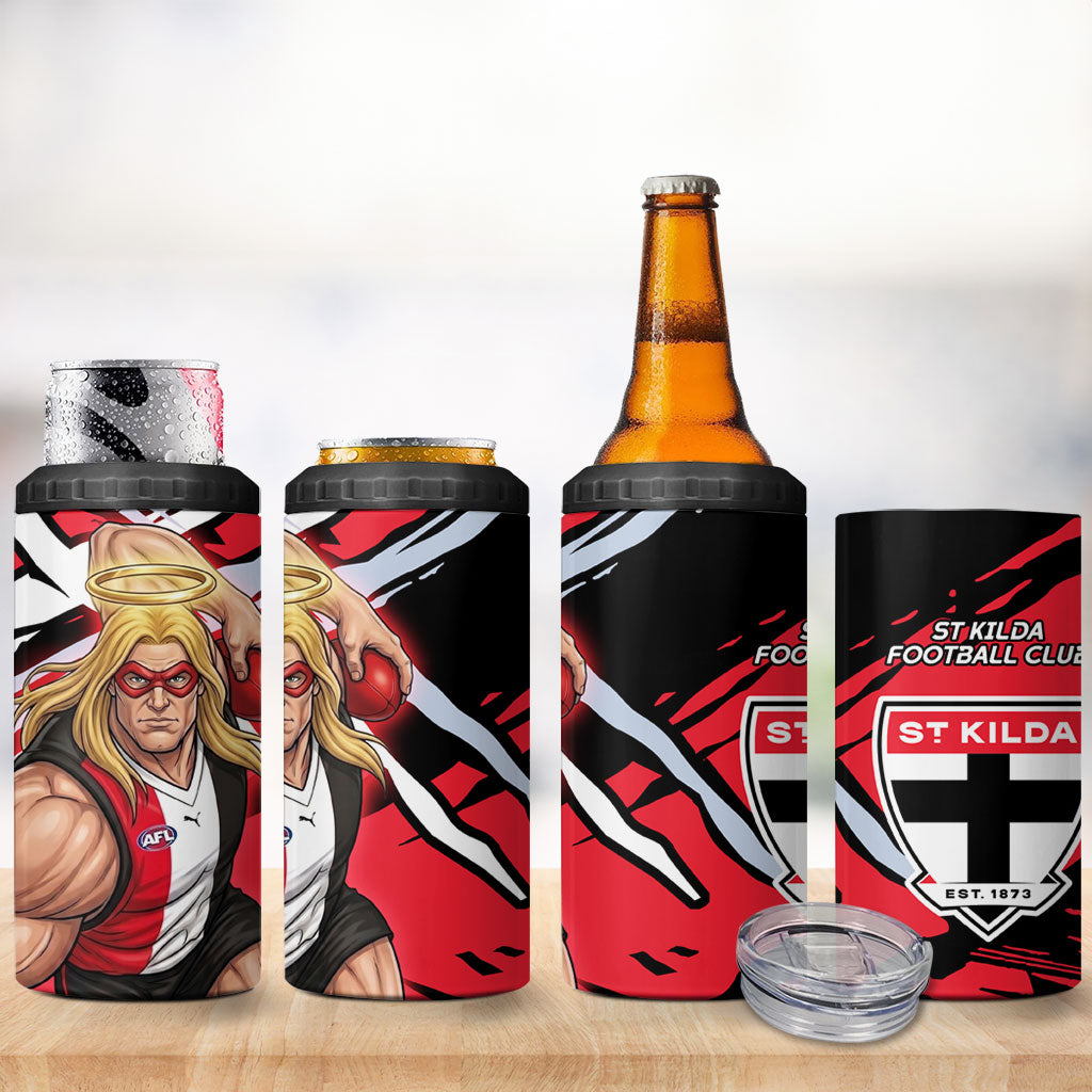 St Kilda Football Club 4 in 1 Can Cooler Tumbler Saints Muscular Mascot Graphic - Abstract Paint Splatter Art