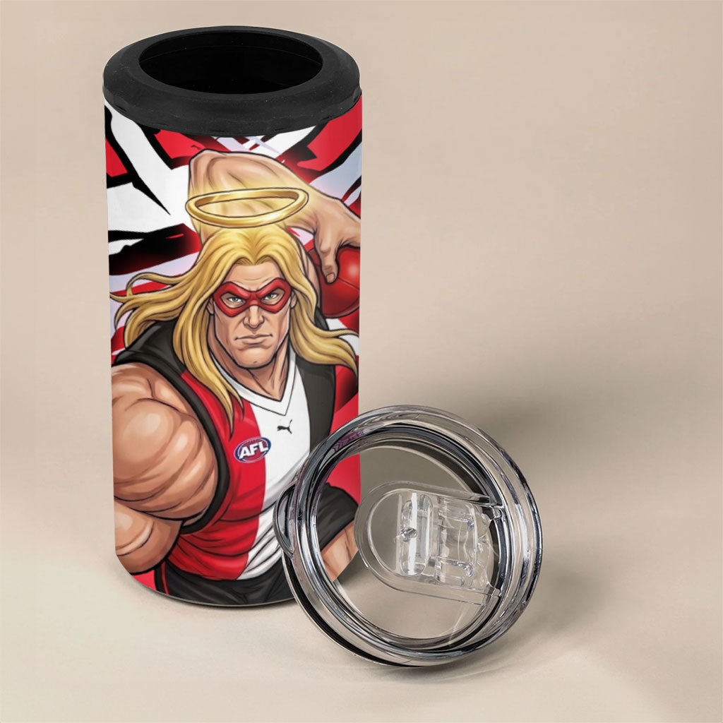 St Kilda Football Club 4 in 1 Can Cooler Tumbler Saints Muscular Mascot Graphic - Abstract Paint Splatter Art