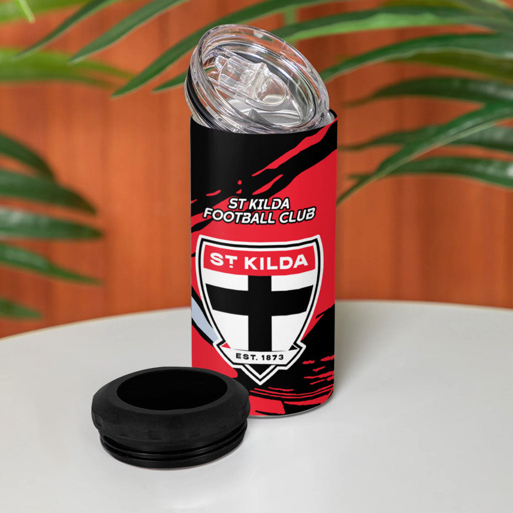 St Kilda Football Club 4 in 1 Can Cooler Tumbler Saints Muscular Mascot Graphic - Abstract Paint Splatter Art