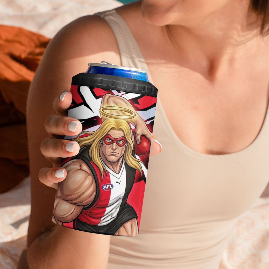 St Kilda Football Club 4 in 1 Can Cooler Tumbler Saints Muscular Mascot Graphic - Abstract Paint Splatter Art