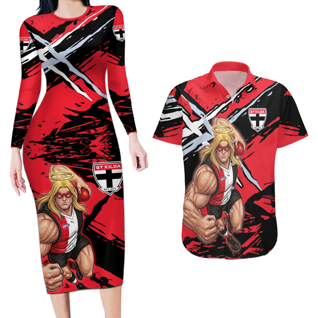 St Kilda Football Club Couples Matching Long Sleeve Bodycon Dress and Hawaiian Shirt Saints Muscular Mascot Graphic - Abstract Paint Splatter Art