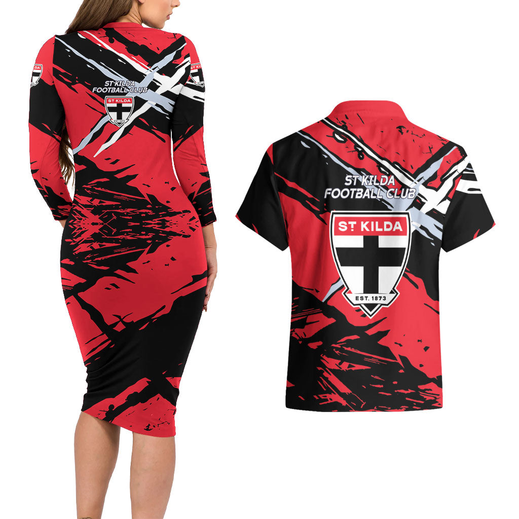 St Kilda Football Club Couples Matching Long Sleeve Bodycon Dress and Hawaiian Shirt Saints Muscular Mascot Graphic - Abstract Paint Splatter Art